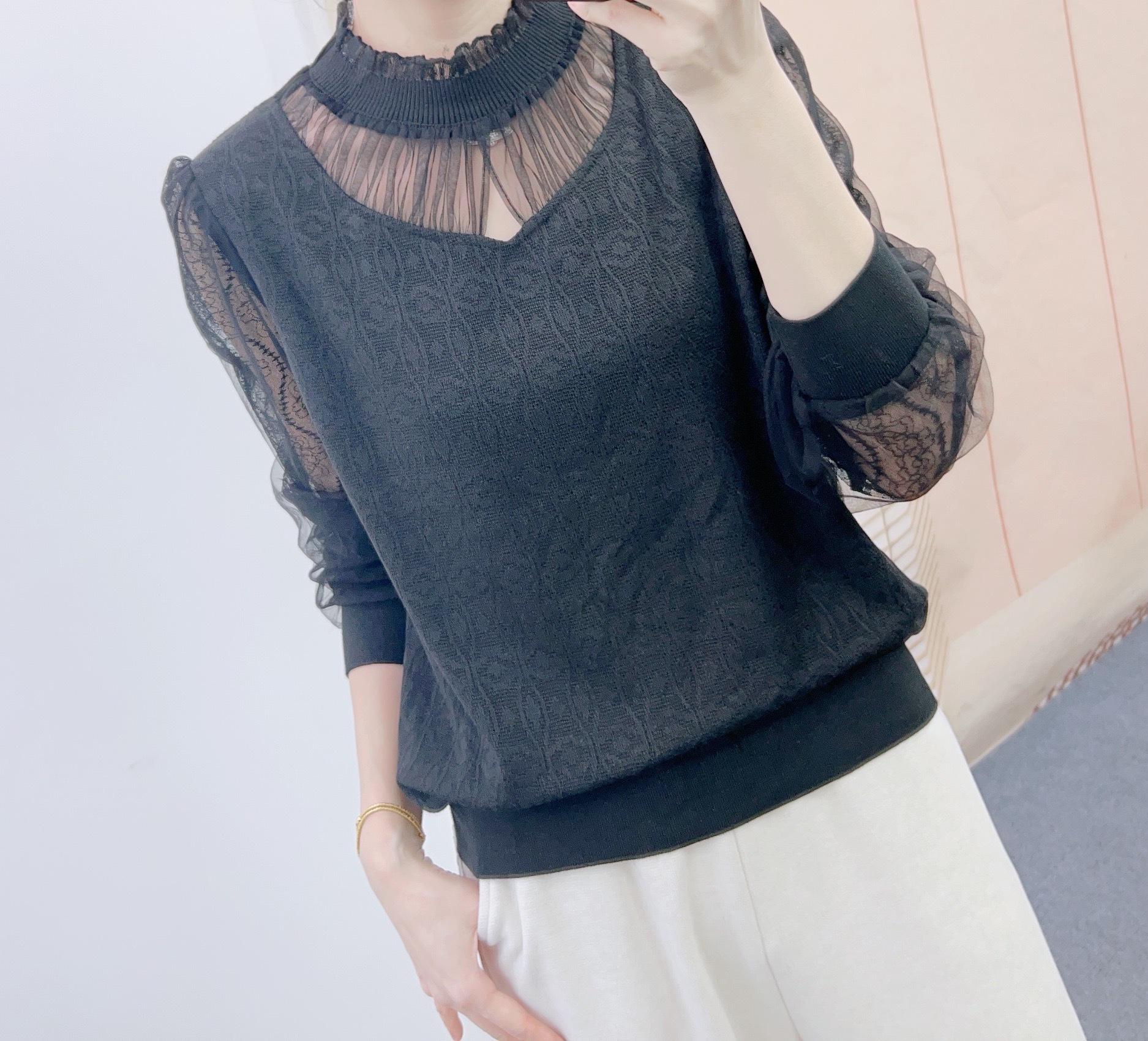 Spring 2026 Knit Patchwork Lace Long-Sleeve Slimming Top M (45-54 kg) чёрный