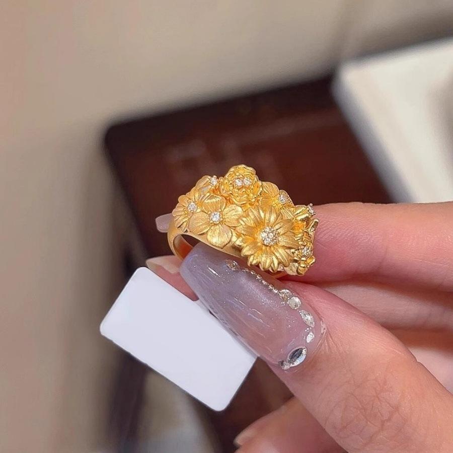Flower Brocade Gold Brushed Zircon Flower Ring Female Index Finger Ring Design Ring