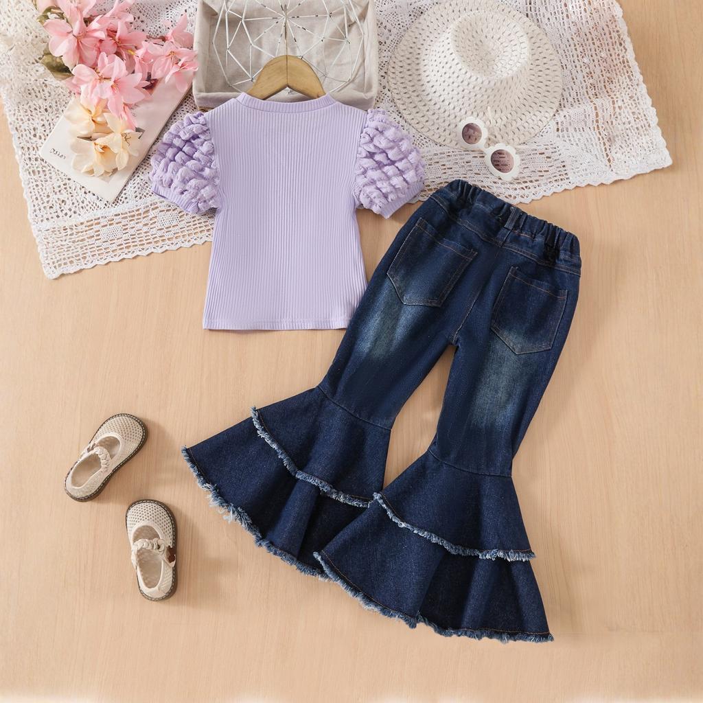 Mädchen Puffärmel T-Shirt + Perlenbesetzte Denim Schlaghose Zweiteiler