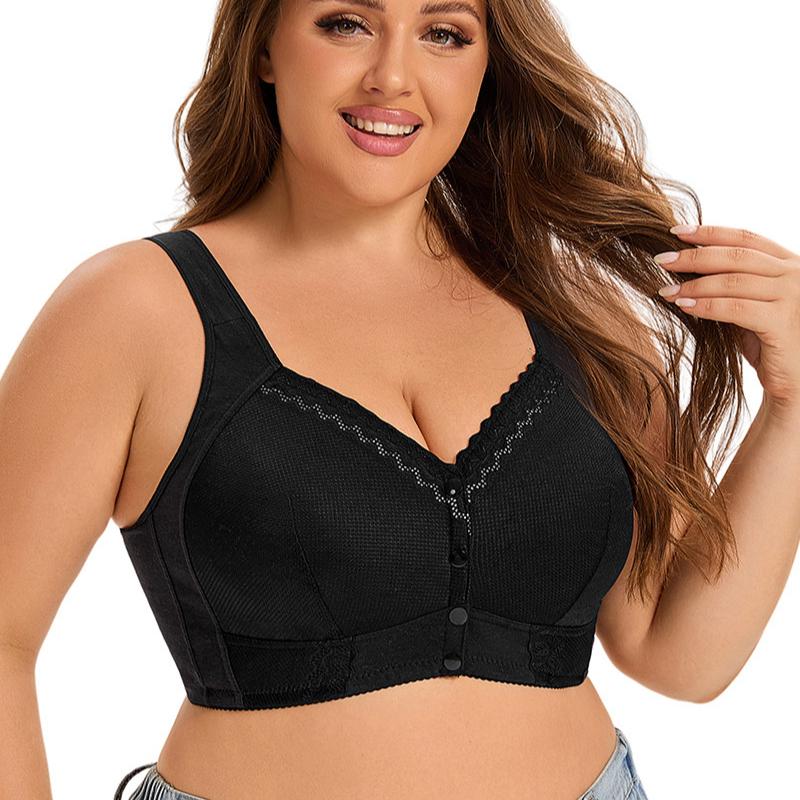 Cupă subțire Buton în față Lenjerie de corp de vârstă mijlocie și vârstnici Femei Dantela Fără inel de oțel Stil vestă Sutien mărime mare