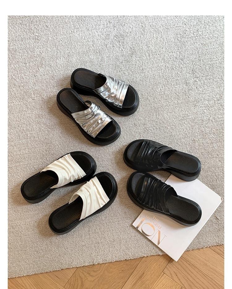 

Sheepskin version~ thick-soled heightening casual one-word sandals women s summer slippers outer wear with skirt beach shoes 40 серебряный