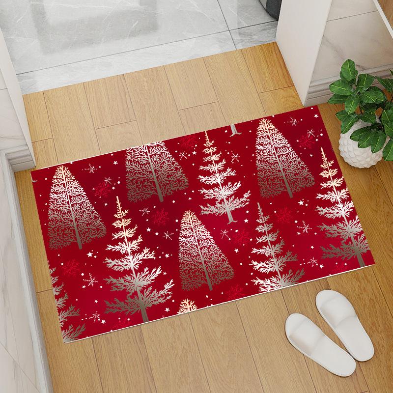 Red Coral Fleece Christmas Floor Mat with Santa Claus and Tree Design