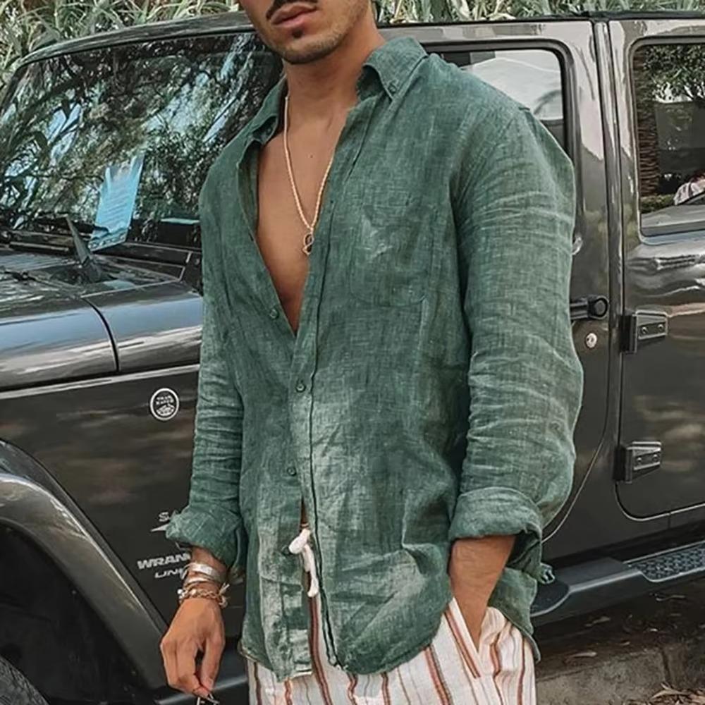 Men s Long-sleeved Spring and Summer Lightweight Beach Shirt Casual Basic Collar Single-breasted Tops S зелёный