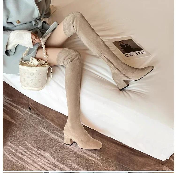 Fashion Elastic Long Faux Suede Boots Woman Over-the-knee Boots Casual Black Platform Shoes for Women Autumn Ladies Bottes