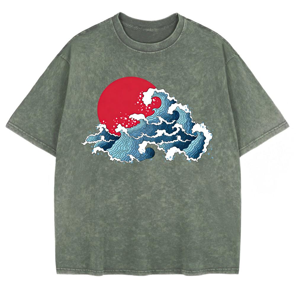 Japanska Harajuku Vågmönster Tvättade T-shirts Herr Bomull Överdimensionerad T-shirt Sommar Rund Hals Kortärmade Toppar Mjuka Kläder