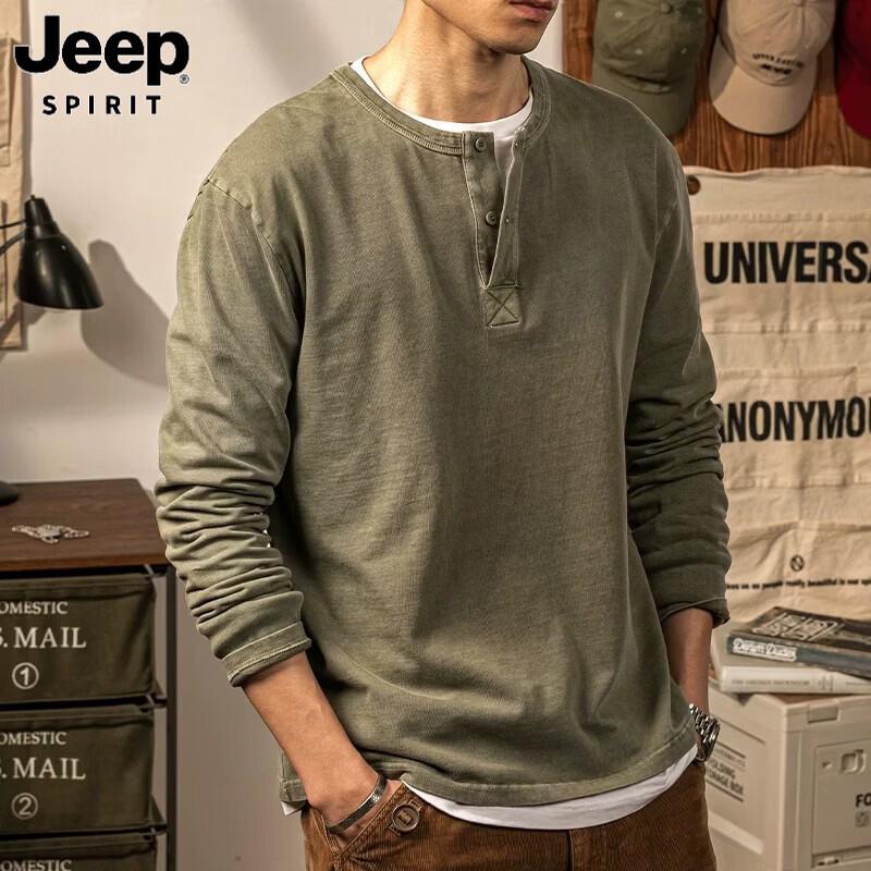 JEEP SPIRIT Men's Long-Sleeve Henley Cotton T-Shirt