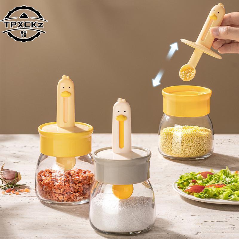 330ml Glass Seasoning Bottle With Cartoon Duck Telescopic Spoon Household Kitchen Salt Storage Box Leak Proof Moisture-proof