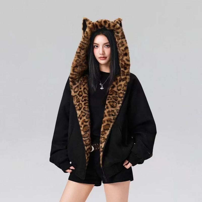 Vintage Leopard Print Cat Ear Hooded Padded Jacket Loose Fit Warm Winter Coat Men Women