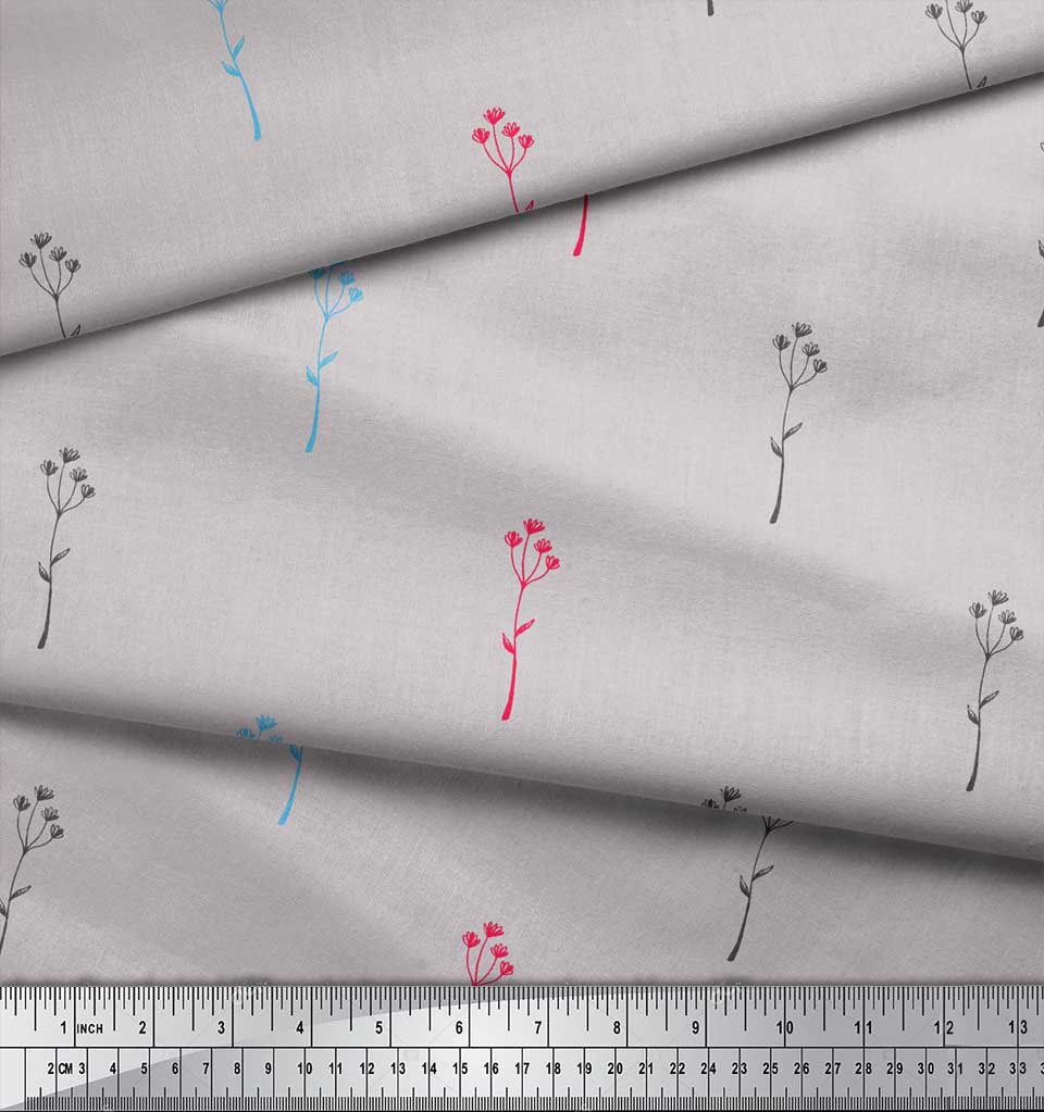 Soimoi Gray Poly Crepe Fabric Scarlet Hummer Leaves Print Fabric by the Metre 42 Inch