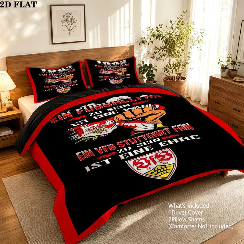 Ensemble de couette à motif Vfb Stuttgart Housse de couette Taie d'oreiller Décoration de maison Cadeau d'anniversaire (1 * housse de couette + 2 * taie d'oreiller sans garnissage)