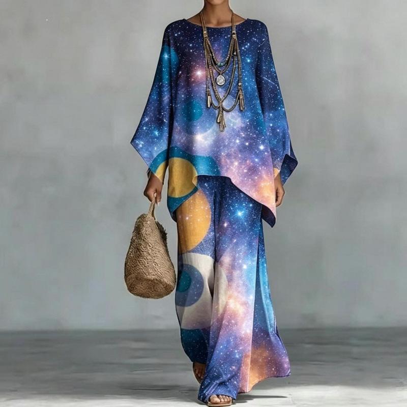 Casual print suit for women, bat-sleeved irregular top, drape wide-leg pants, two-piece set, one piece