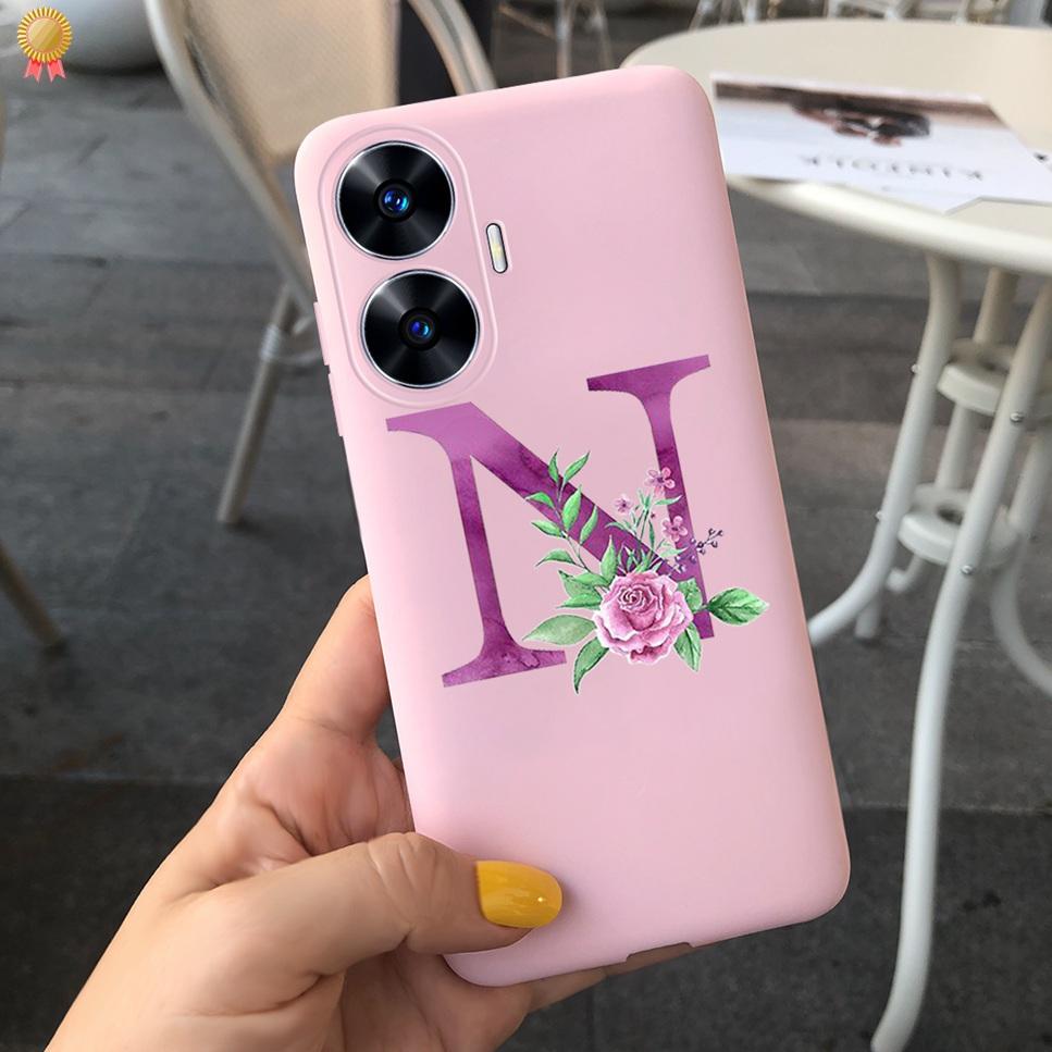 For Realme C55 C 55 6.72'' Case Delicate Cute Letters 3D Crown Flowers Matte Shockproof Soft TPU Silicone Phone Case Back Cover