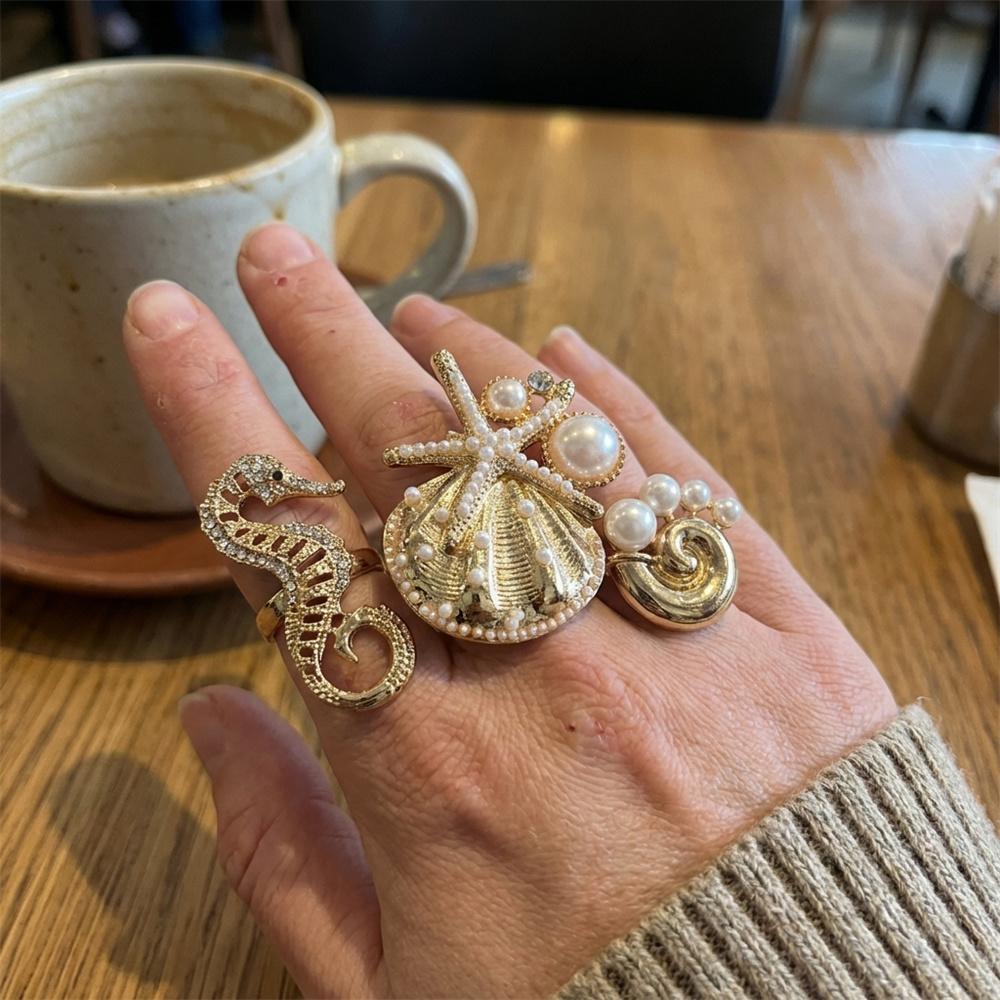 Ocean Style Starfish Seahorse Conch Shell Imitation Pearl Ring 3-Piece Set Creative Exaggerated Beach Vacation Style Ring