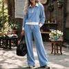 Women's Fashion Color Block Two-Piece Set with Long Sleeve and Casual Pants, Lapel Collar
