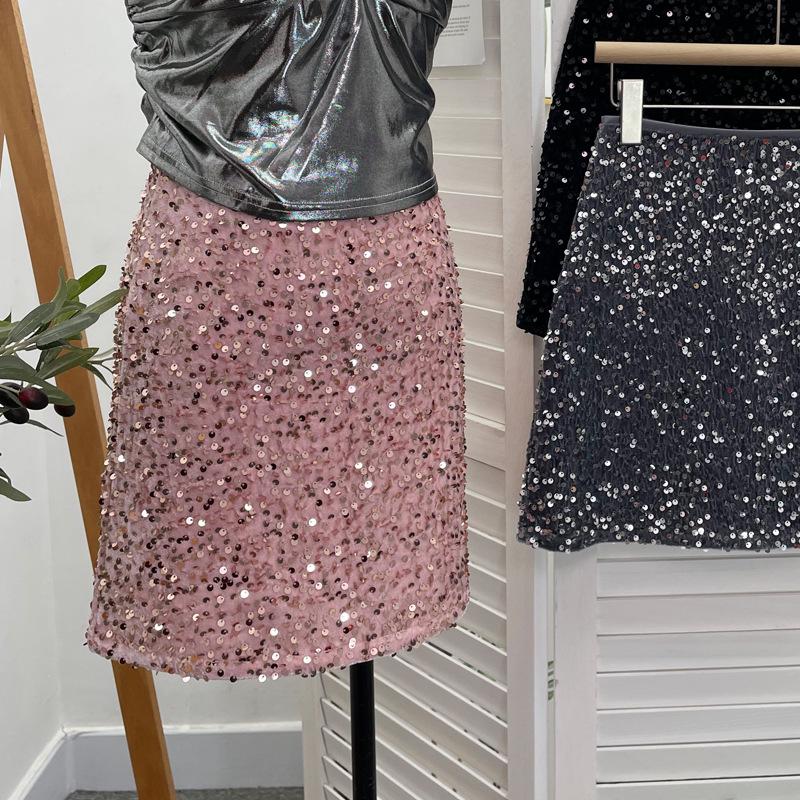 Pink Sequin High-Waist A-Line Disco Skirt - Anti-Exposure, Slim Fit