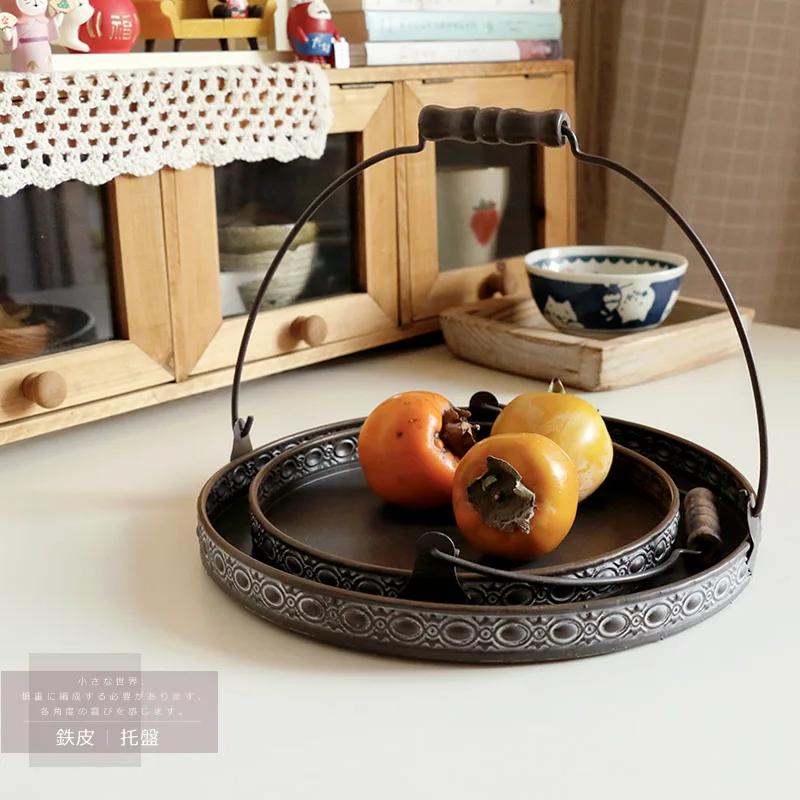 Handle Metal Storage Trays Classical Relief Printing Rotundity Ellipse Plate Delicious Food Dessert Photography Decoration Prop