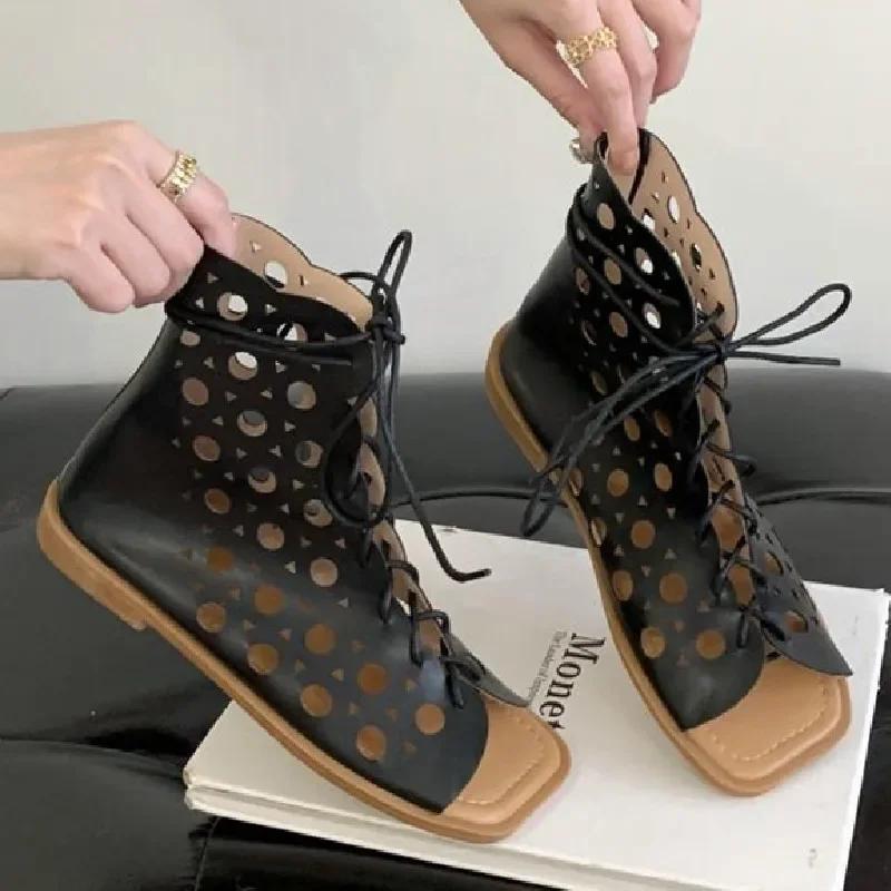 Fashion Higher Quality Lace-Up Designer Flat Sandals Women Fashion Soft Hollow Roman Casual Shoes Summer Sexy Open Toe Low Heel Boots