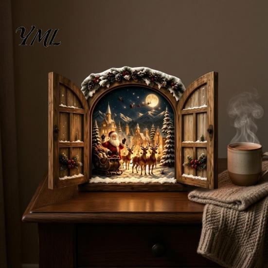 Winter Holiday Wall Ornament Santa Claus Window Light, 3D Lighted Christmas Decor, Warm LED Reindeer Snowy Indoor Home Decor Village Scene,