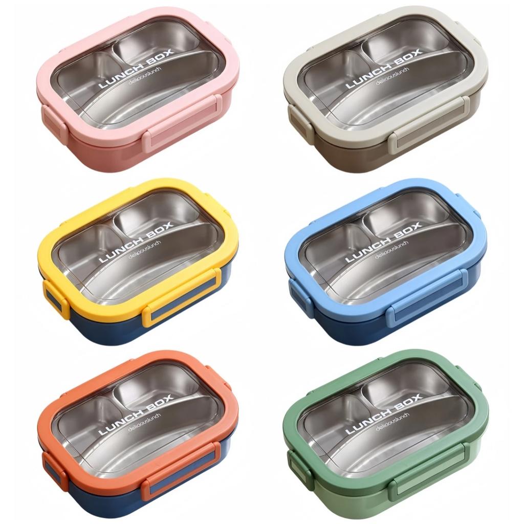 Edelstahl Lunchbox 3 Fächer Lunchbehälter mit auslaufsicheren Deckeln 23,7x17,3x6,6cm Blau,Gelb,Orange,Braun,Rosa,Grün