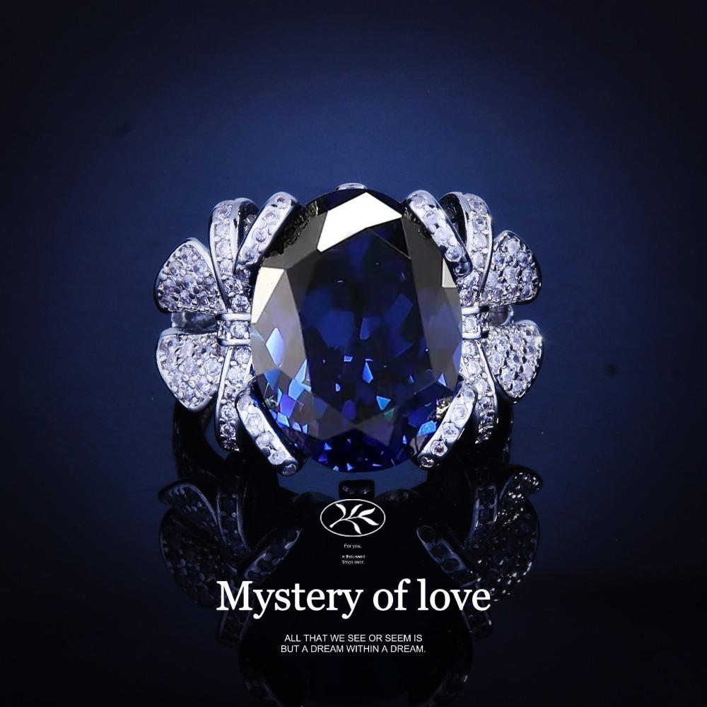 Open Ring Royal Blue Sapphire Bow Design Luxury Full Diamond Ribbon Gemstone Ring