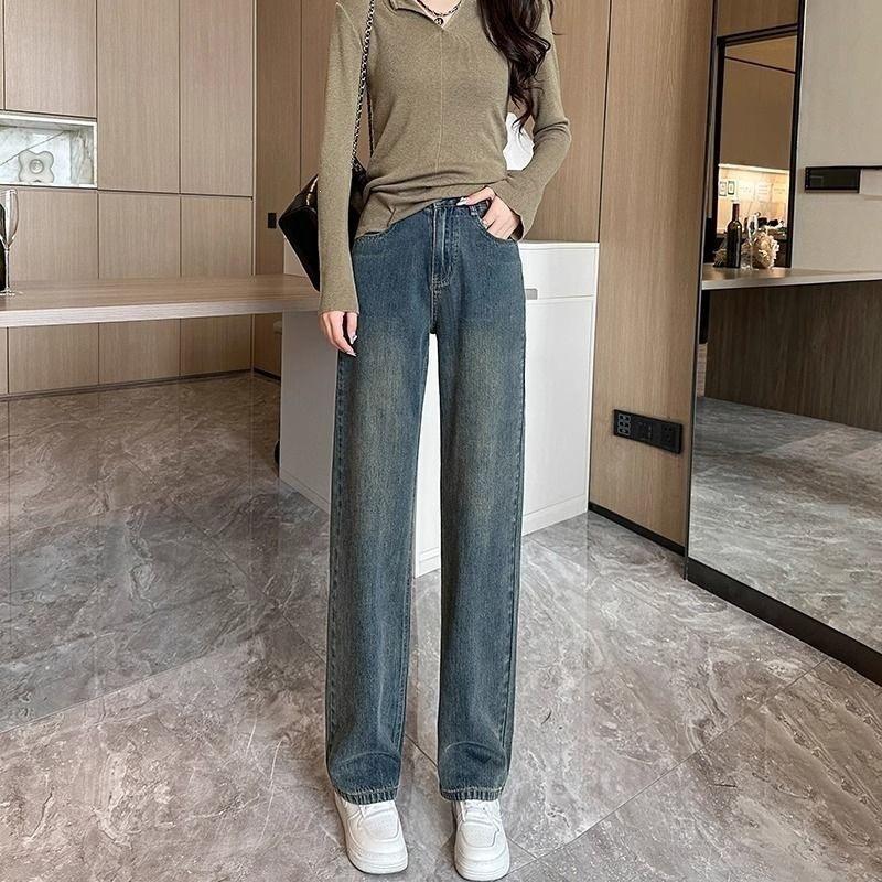 Retro velvet jeans women's autumn and winter narrow version straight wide-leg pants show high and thin long pants
