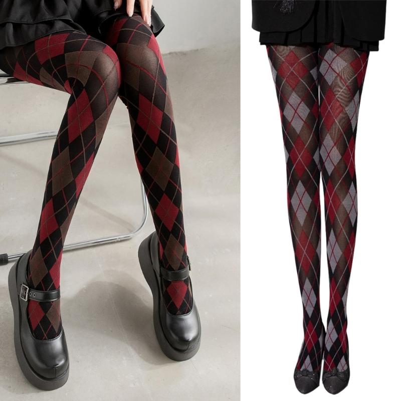Dames Argyle Ruitpatroon Panty Ademend Nylon Stof OnDoorzichtig Maillot Kousen Stijlvolle Contrastkleur Leggings