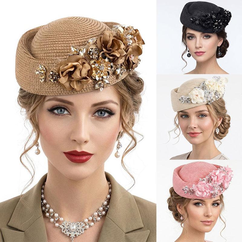 Berretto Elegante Vintage Donna Chiesa Derby Fascinator Con Fiore Berretto Morbido Paglia Cappelli Festa Steward di Compagnia Aerea Cappelli