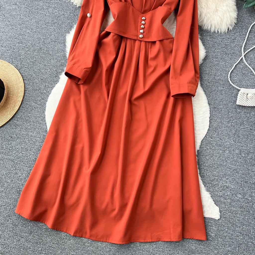 Vintage Spring Autumn Women Dress French Turn-down Collar Full Sleeve Solid Color A-line Female Long Shirt Dresses