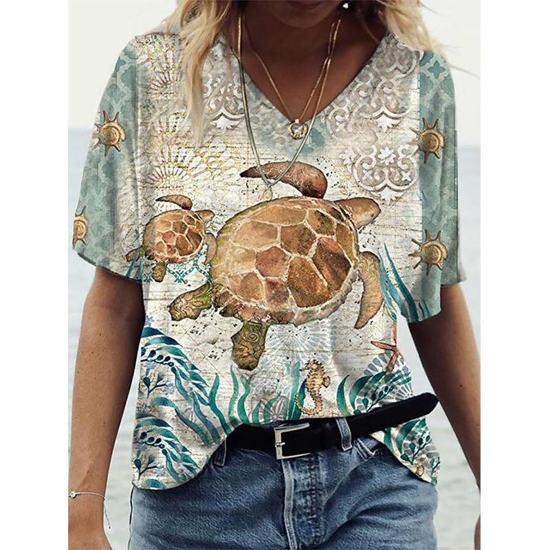 Summer Sea Turtle 3D Print T Shirt Women V-Neck Short Sleeve T-shirts Y2k Tops Harajuku Streetwear Oversized Tee Woman Clothing
