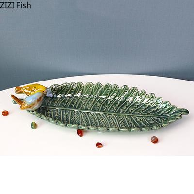 Green Leaf Ceramic Fruit Plate Painted Birds Decorative Trays Snacks Nuts Plate Dinner Table Fruits Bowl Candy Storage Tray