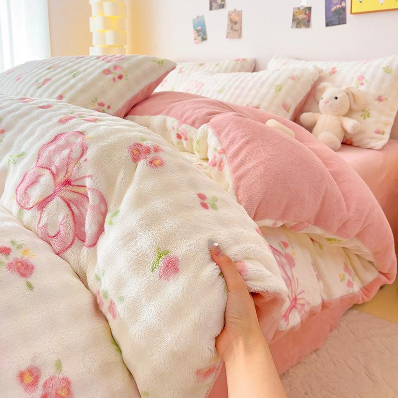 Thickened Milk Fleece Four-Piece Set, Milk Fleece Coral Fleece Bed Sheet Quilt Cover Double-Sided Flannel Bed Three-Piece Set