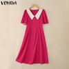 VONDA Women V Doll Collar Short Sleeve Solid Baggy Pleated Ankle Length Dress