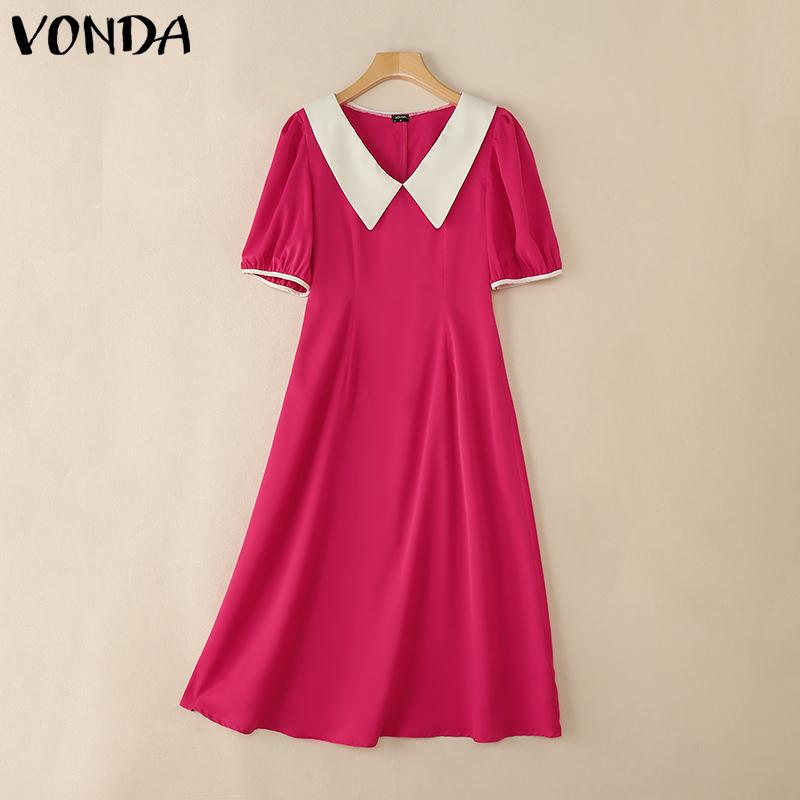VONDA Women V Doll Collar Short Sleeve Solid Baggy Pleated Ankle Length Dress