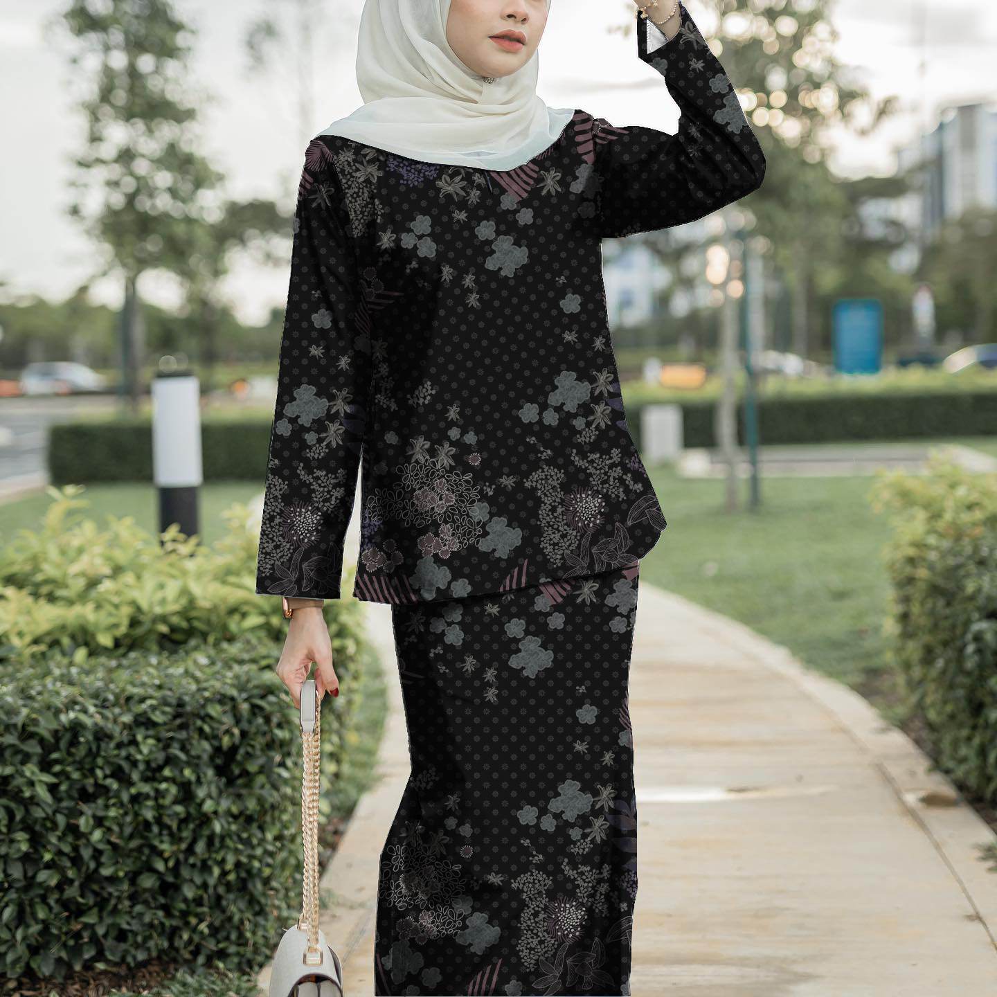 

2025 новый дизайн шифоновая ткань с цветочным принтом Kulong Pahang женский мусульманский костюм удобный дышащий элегантный милая серия мода L синий