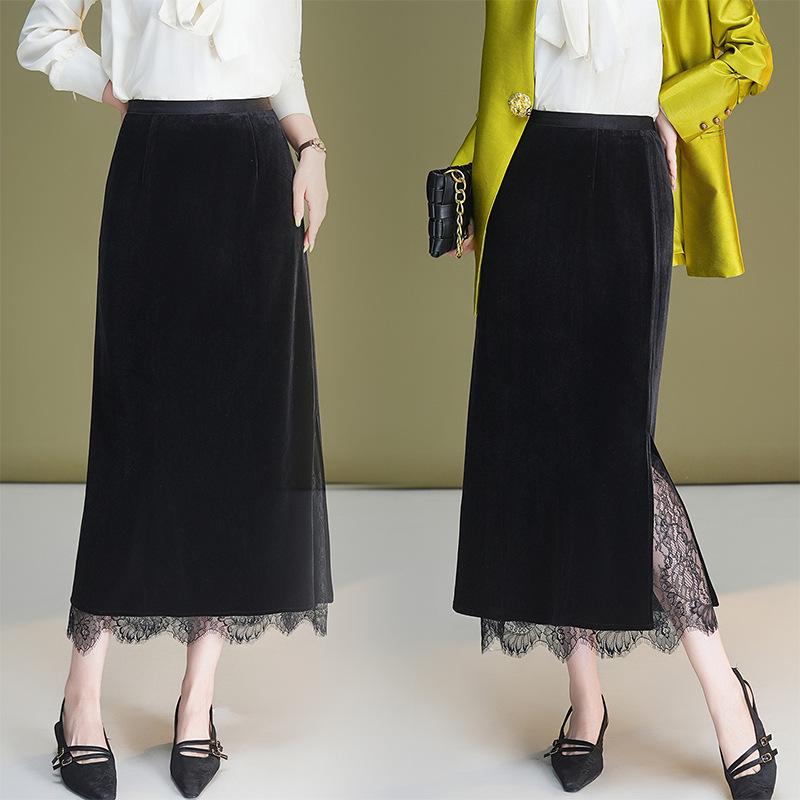 Elegant Velvet Lace Trim High-Waisted Slit Tube Pencil Skirt