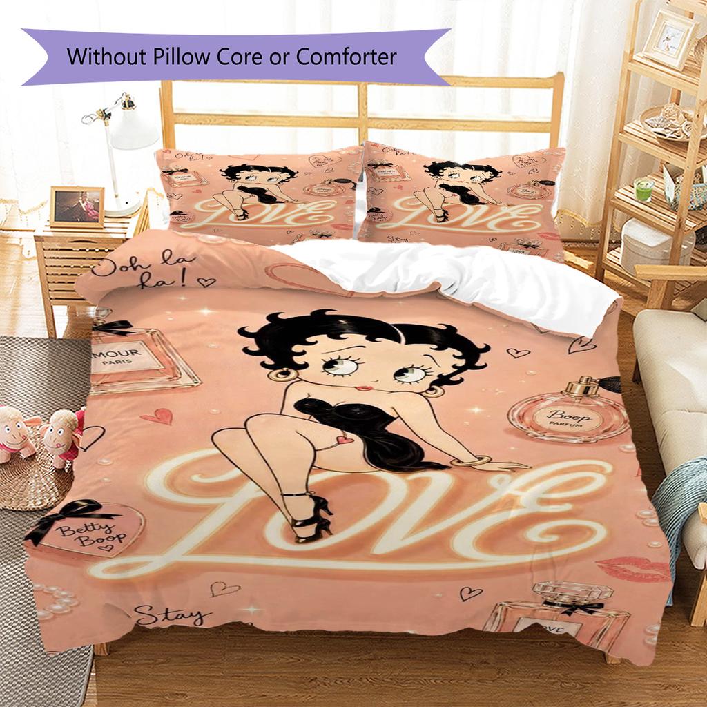 Betty Boop Pattern Bedding Set Quilt Cover Pillowcase Home Decor Gift (1 * Duvet Cover + 2 * Pillowcase, Without Core)