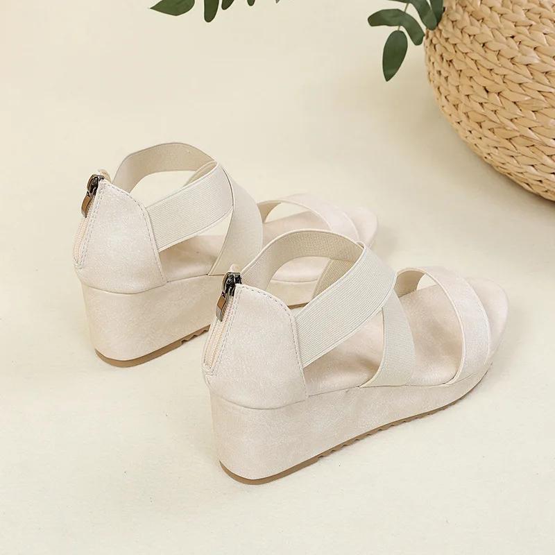 Fashion New Wedge Sandals for Women 2025 Summer Fashion Cross-strap One Word Roman Shoes Ladies Chunky Soled Back Zip Peep Toe Sandalias