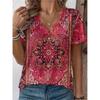 Damen Blumen Grafik Print Vintage Klassisches T-Shirt, V-Ausschnitt Kurzarm, Lässige Lange Oberteile, Täglich Sport Gehen, Rot
