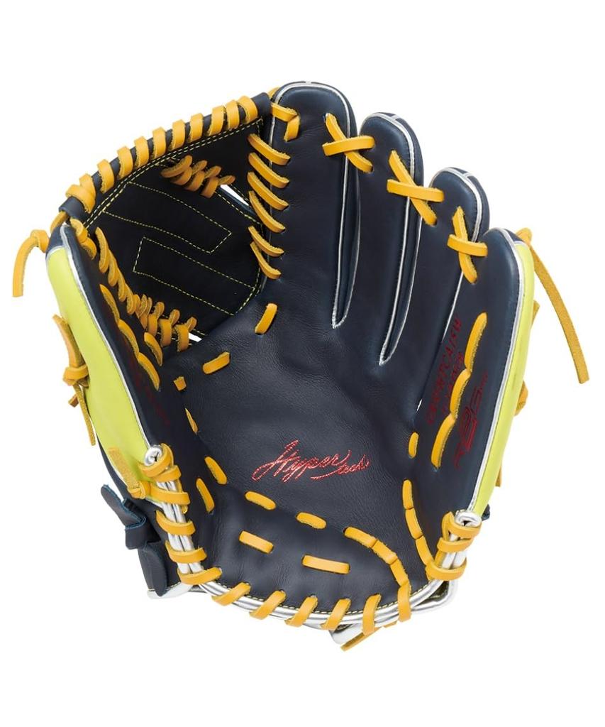 Rawlings HYPER TECH COLOR SYNC GR5FHTCA15W Baseball Throw Glove, Soft, Pitcher's, Navy/O-Yellow, 11.75 inches, Right-Handed