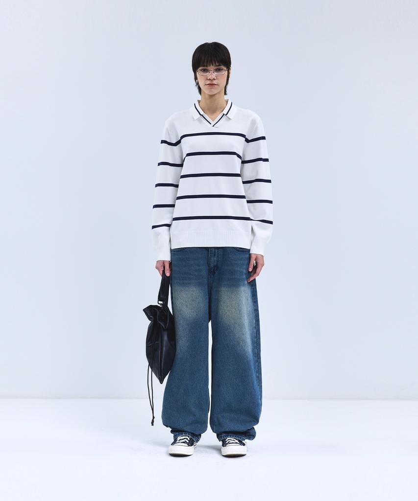 IRONYPORNO WHITELINE 86-Iroj365 Open-Neck Striped Long-Sleeve Knit White