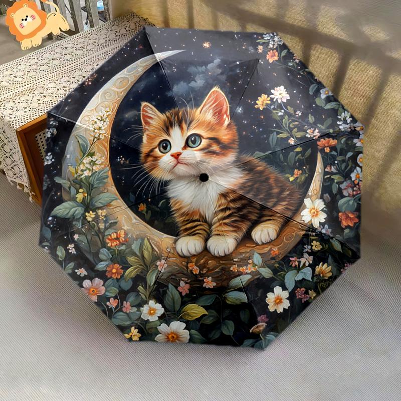 1 PC Automatic Folding Umbrella - Kitten and Moon Night Pattern, Portable & Foldable Design with 8 Ribs, Christmas Birthday Gifts