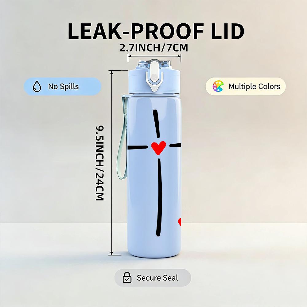 1PC Red Heart Center Cross Faith 750ml Color Plastic Sports Water Bottle Leakproof Flip Straw Lid Suitable for Sports Office Home Use