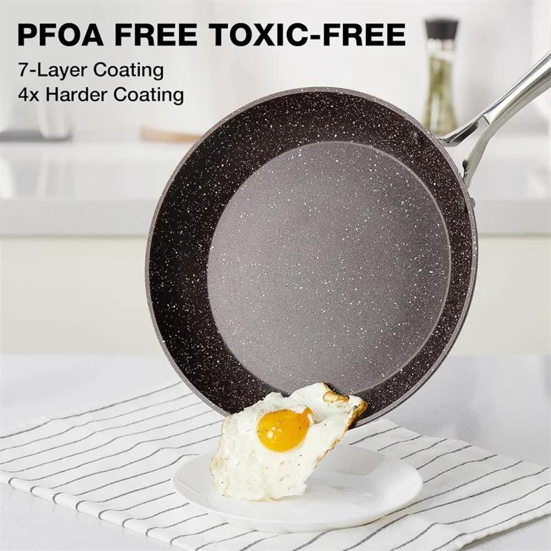 HLAFRG 10/12Inch Frying Pan with Lid Nonstick Pan Marble Skillet with Stone-Derived Coating With Heat-Resistant Handle Oven Safe