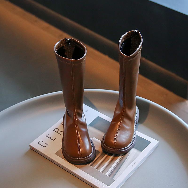 

Girls High Boots Autumn Winter Princess Catwalk Leather Shoes Children s Simple Non-slip PU Long Boots 26 коричневый