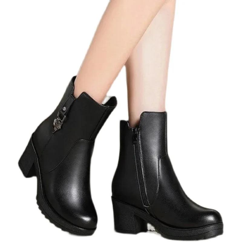 Casual Chunky Heel Cotton Shoes Women's Warm Non-slip Mother Shoes Mid-calf Thick Bottom Winter Boots 2024 New Botas Mujer