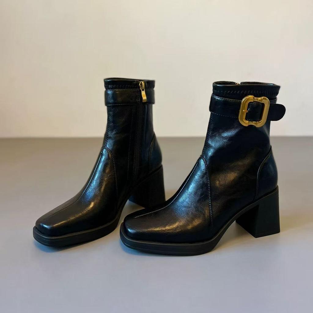 Square head high heel short boots women's retro thick heel thick sole thin velvet Martin boots silent bottom thin boots