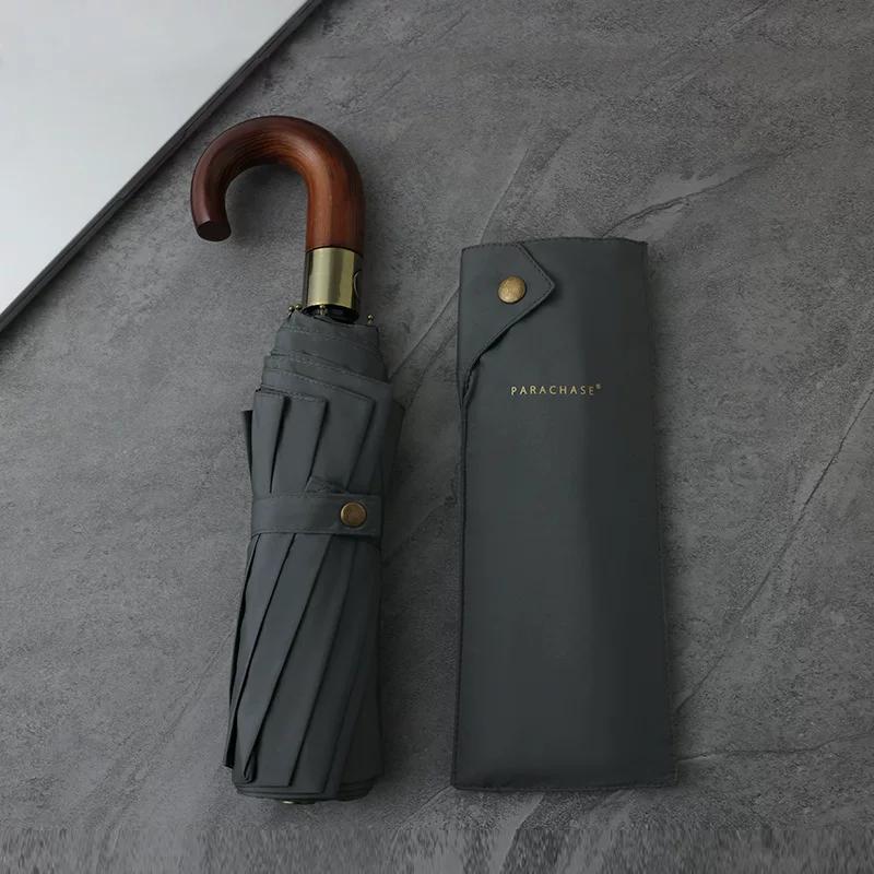 Parachase High-End Wooden Handle Curved Handle Fully Automatic Umbrella, Sturdy Ten-Rib Double Umbrella, Men's Business Wind-Resistant Umbrella
