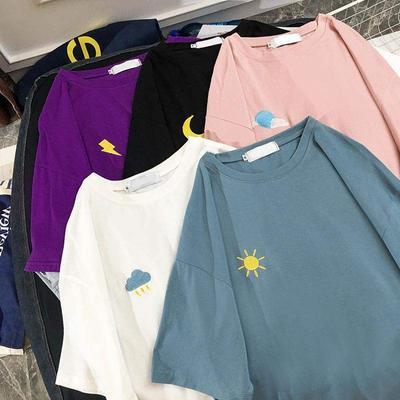 Mode Wetter Stickerei Lässig Locker Basic T-Shirt 2024 Sommer Kurzarm Einfache T-Shirts für Damen Harajuku Kawaii Lustiges Studenten-T-Shirt