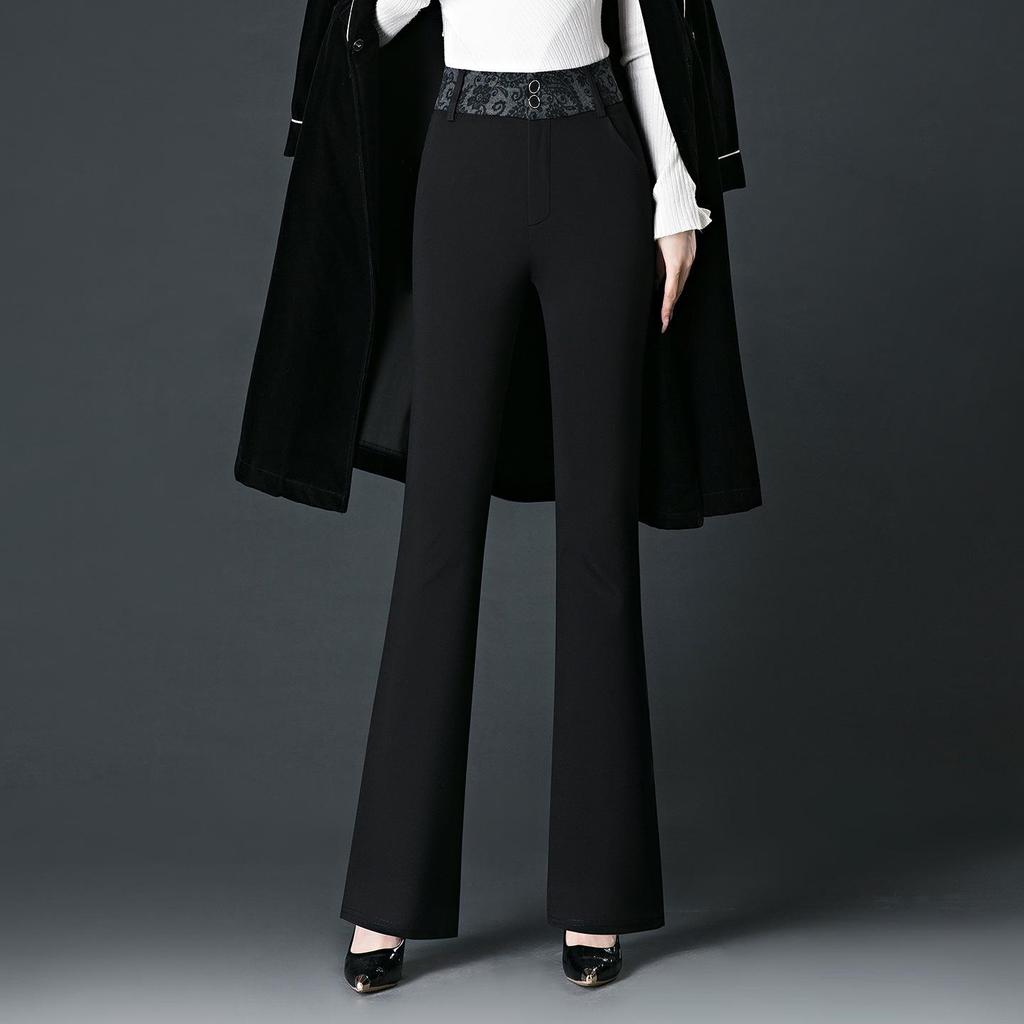 Spring/Autumn Women's High Waist Bell Bottom Knit Pants - Black, Plus Size, Slimming, Fashionable, Loose Fit