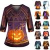 Women's Halloween Print V-Neck Scrub Top with Pockets and Side Slits, 3/4 Sleeves Casual Uniform